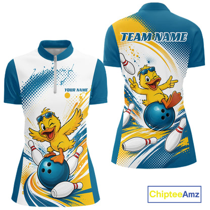 Custom Funny Yellow Duck Bowling Team Women Quarter-Zip Shirt, Playful Bowling Jersey IPHW11859