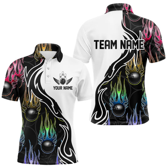 Colorful Rainbow Flame Ball Custom Bowling Team Men Polo Shirts, Fire Bowling League Shirt IPHW8865