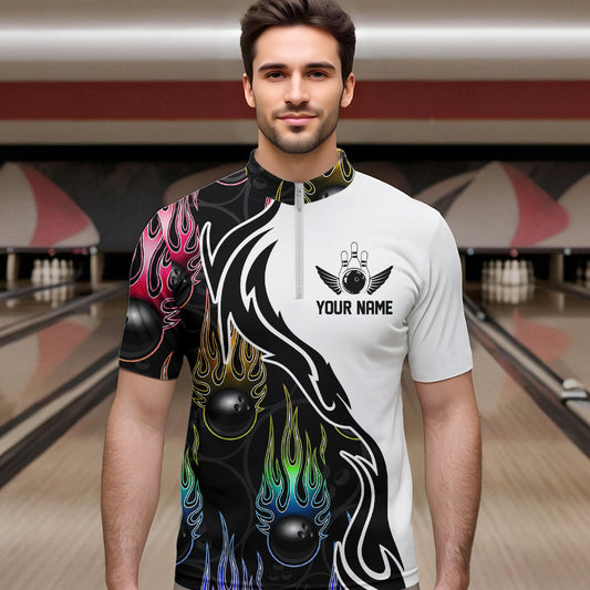 Colorful Rainbow Flame Ball Custom Bowling Team Men Quarter-Zip Shirts, Fire Bowling League Shirt IPHW8865
