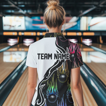 Colorful Rainbow Flame Ball Custom Bowling Women Quarter-Zip Shirts, Bowling League Shirt IPHW8865