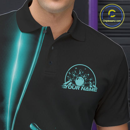 Close up of left chest area on bowling polo shirt, black fabric with turquoise blue bowling ball and pins emblem, detailed apparel branding view