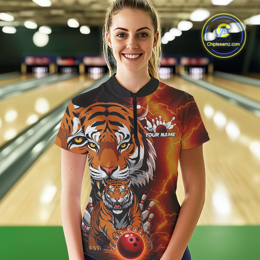 Custom Thunder Lightning Tiger Bowling Quarter-Zip Shirts For Women, Bowling Team Outfit IPHW9093