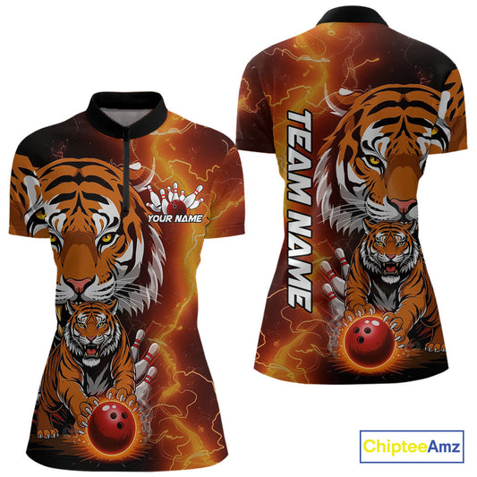 Custom Thunder Lightning Tiger Bowling Quarter-Zip Shirts For Women, Bowling Team Outfit IPHW9093