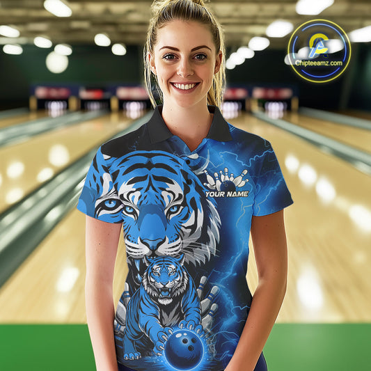 Custom Blue Thunder Lightning Tiger Bowling Polo Shirts For Women, Bowling Team Outfit IPHW9094