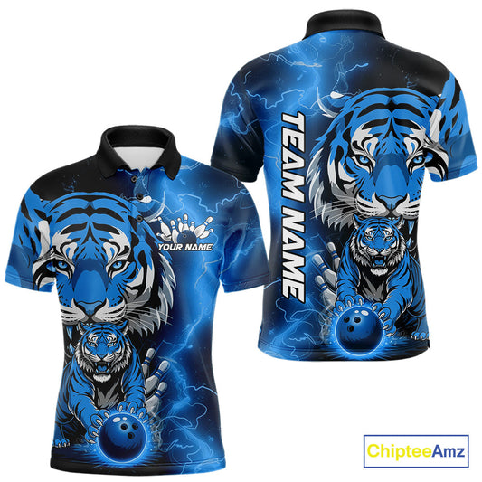 Custom Blue Thunder Lightning Tiger Bowling Polo Shirts For Men, Bowling Team Outfit IPHW9094