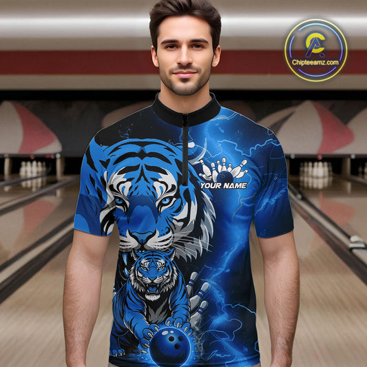 Custom Blue Thunder Lightning Tiger Bowling Quarter-Zip Shirts For Men, Bowling Team Outfit IPHW9094