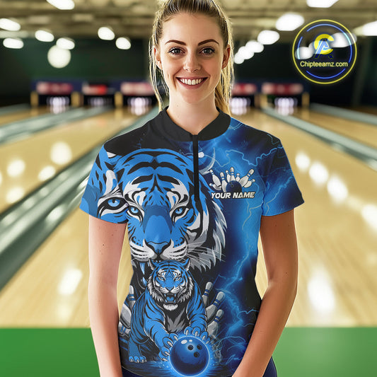 Custom Blue Thunder Lightning Tiger Bowling Quarter-Zip Shirts For Women, Team Outfit IPHW9094