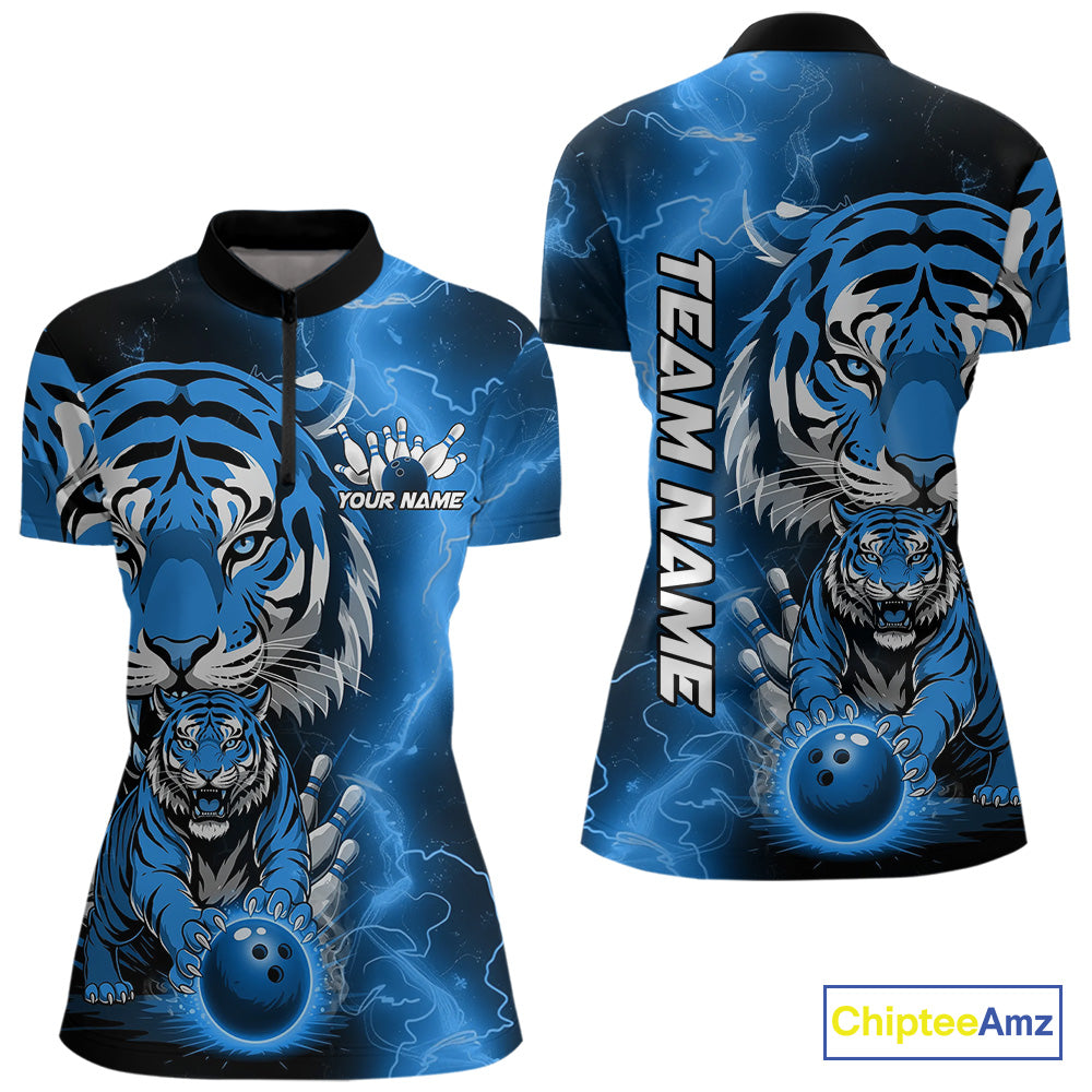 Custom Blue Thunder Lightning Tiger Bowling Quarter-Zip Shirts For Women, Team Outfit IPHW9094