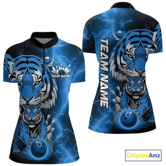 Custom Blue Thunder Lightning Tiger Bowling Quarter-Zip Shirts For Women, Team Outfit IPHW9094