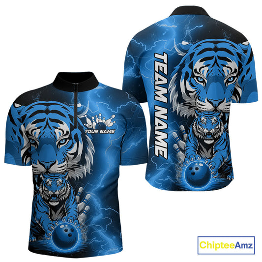Custom Blue Thunder Lightning Tiger Bowling Quarter-Zip Shirts For Men, Bowling Team Outfit IPHW9094