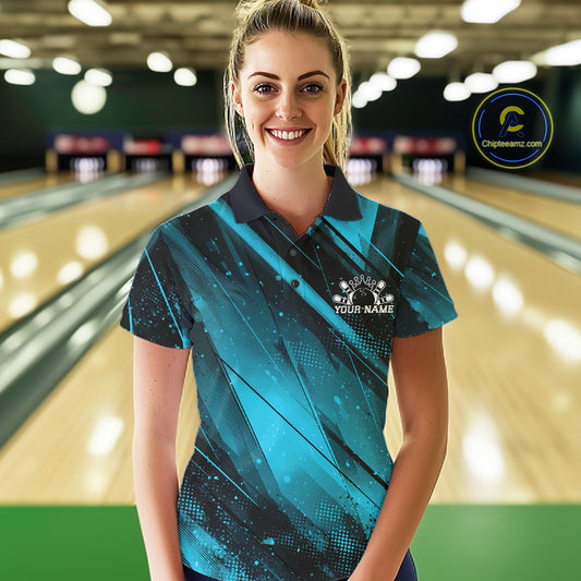 Woman wearing a custom bowling shirt with a logo and text in a bowling alley.