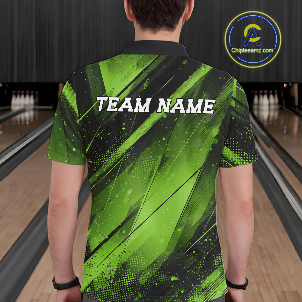 Person wearing a green and black bowling shirt with 'TEAM NAME' text on a bowling alley background.