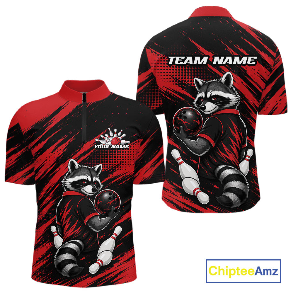 Custom short-sleeve quarter-zip athletic shirt shown from front and back on a white background. The shirt features a black and red brushstroke pattern with a raccoon bowling graphic, customizable text 'YOUR NAME' and 'TEAM NAME', and a ChipteeAmz logo in the bottom right corner.