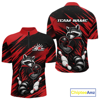 Custom short-sleeve quarter-zip athletic shirt shown from front and back on a white background. The shirt features a black and red brushstroke pattern with a raccoon bowling graphic, customizable text 'YOUR NAME' and 'TEAM NAME', and a ChipteeAmz logo in the bottom right corner.