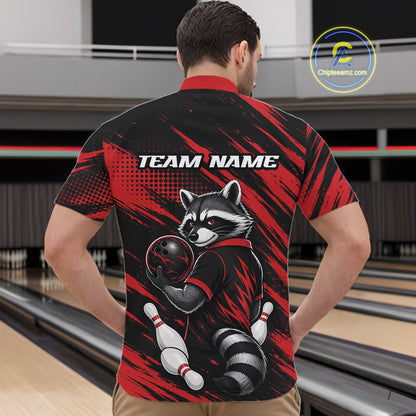 Custom Black And Red Cool Looking Raccoon Bowling Jersey, Funny Bowling Men Quarter Zip Shirt IPHW11861