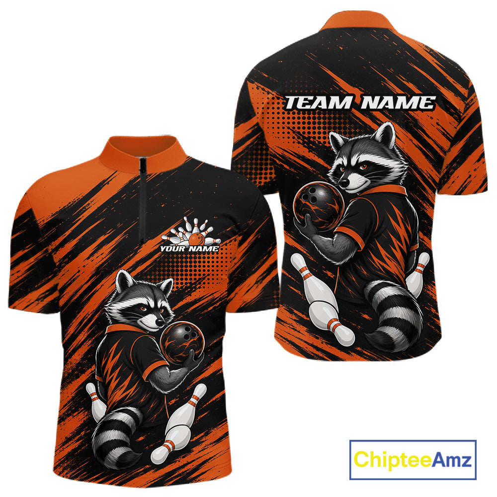 Front and back views of a short-sleeve quarter-zip athletic shirt in black and orange, featuring a raccoon bowling graphic, customizable text areas, and a ChipteeAmz logo.
