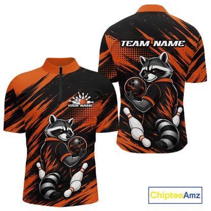 Front and back views of a short-sleeve quarter-zip athletic shirt in black and orange, featuring a raccoon bowling graphic, customizable text areas, and a ChipteeAmz logo.