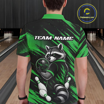 A man viewed from behind wearing a short-sleeve bowling-themed shirt with a raccoon graphic and the text 'TEAM NAME' on the back. The shirt has a black and bright green design with bowling pins and ball details.
