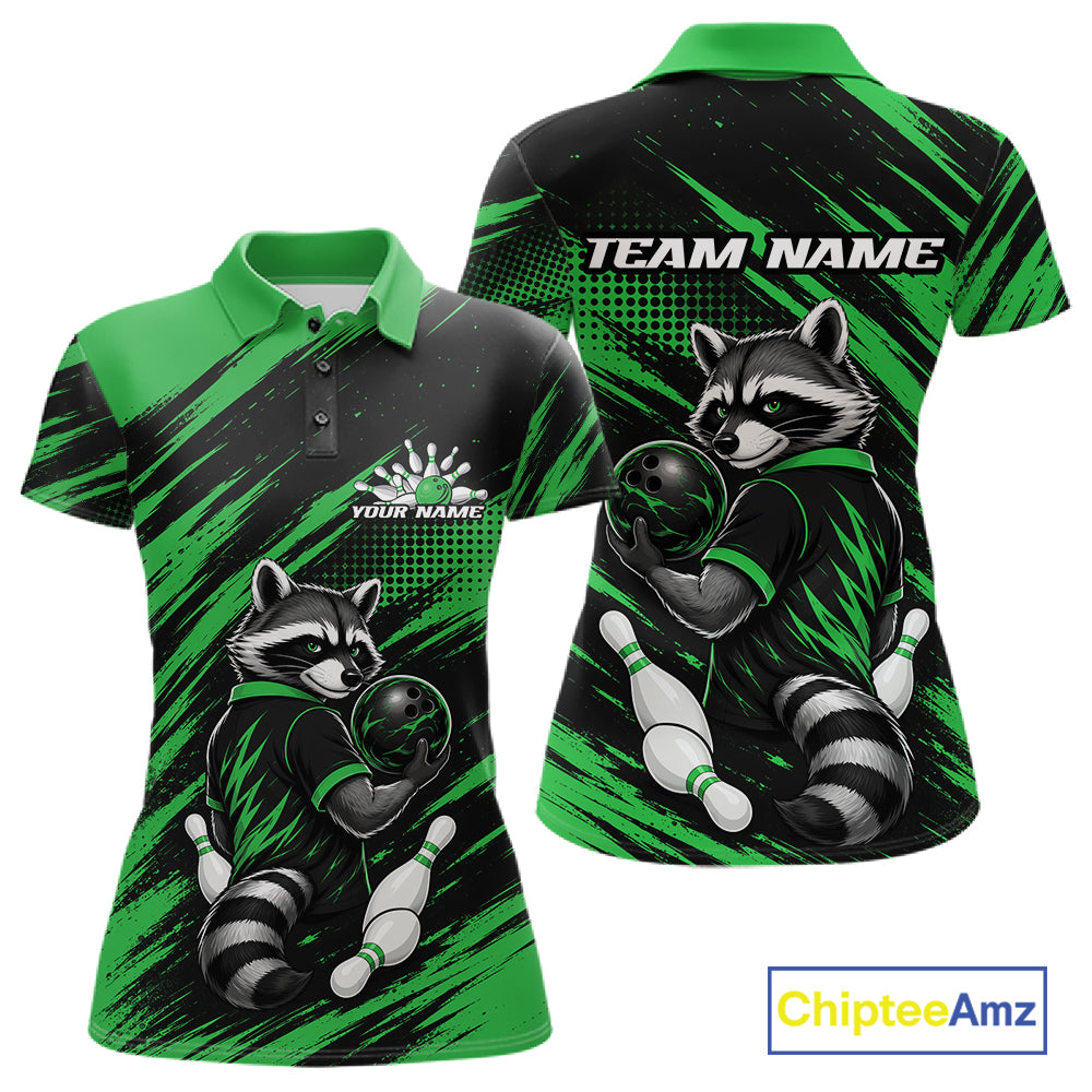 Custom Black And Green Cool Looking Raccoon Bowling Jersey, Funny Bowling Women Polo Shirt IPHW11864