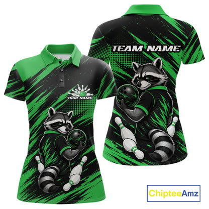 Custom Black And Green Cool Looking Raccoon Bowling Jersey, Funny Bowling Women Polo Shirt IPHW11864
