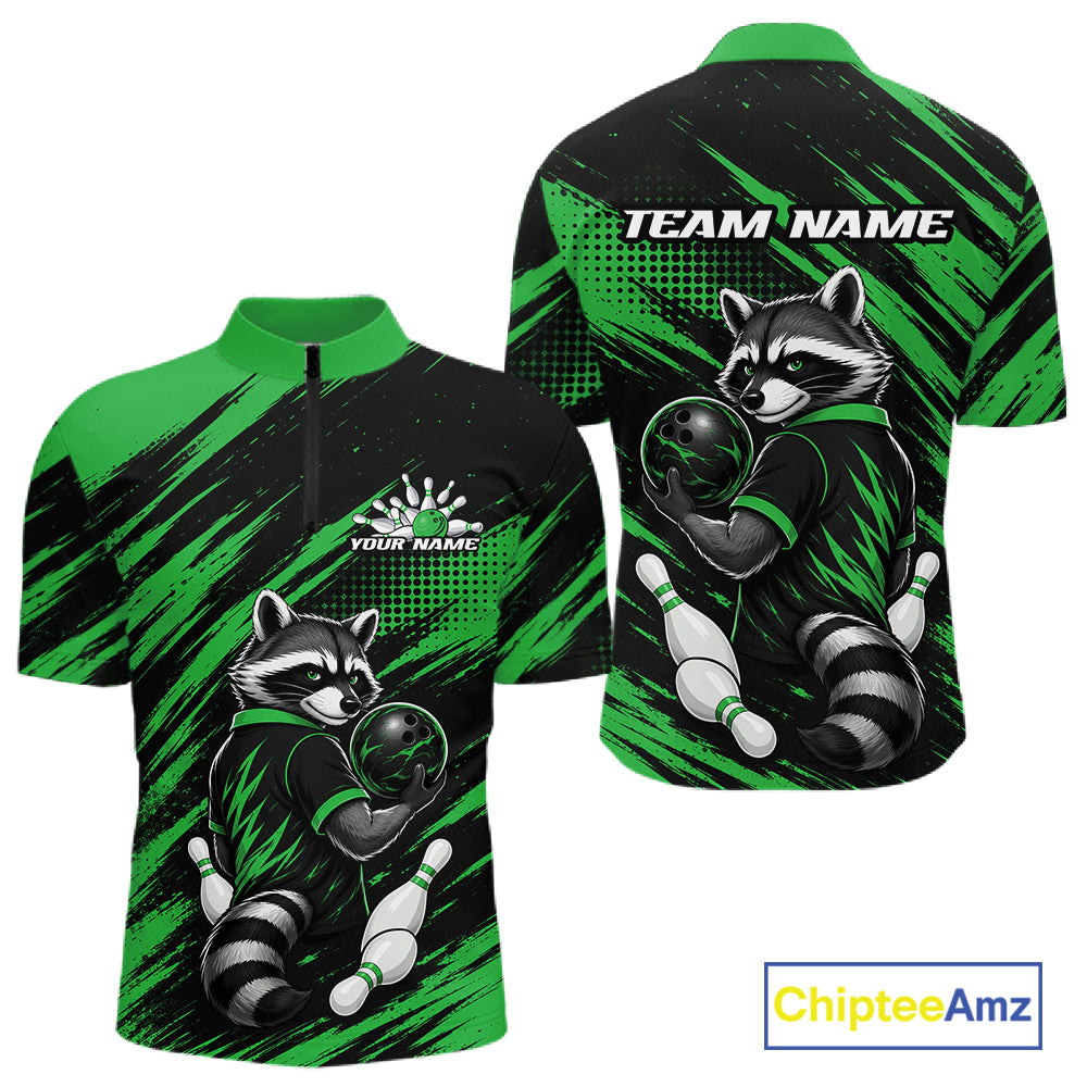 Custom short-sleeve quarter-zip bowling quarter zip shirt shown from both front and back views. The shirt features a black and vibrant green brushstroke pattern with a cartoon raccoon bowling graphic, customizable text fields ('YOUR NAME' on the chest and 'TEAM NAME' on the back), and a 'ChipteeAmz' logo in the bottom right corner.
