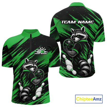 Custom short-sleeve quarter-zip bowling quarter zip shirt shown from both front and back views. The shirt features a black and vibrant green brushstroke pattern with a cartoon raccoon bowling graphic, customizable text fields ('YOUR NAME' on the chest and 'TEAM NAME' on the back), and a 'ChipteeAmz' logo in the bottom right corner.