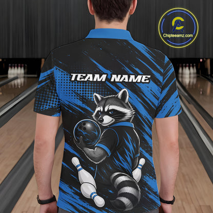 A person viewed from behind wearing a short-sleeve bowling-themed polo shirt with a raccoon graphic and the text 'TEAM NAME' on the back. The shirt has a blue and black brushstroke design.