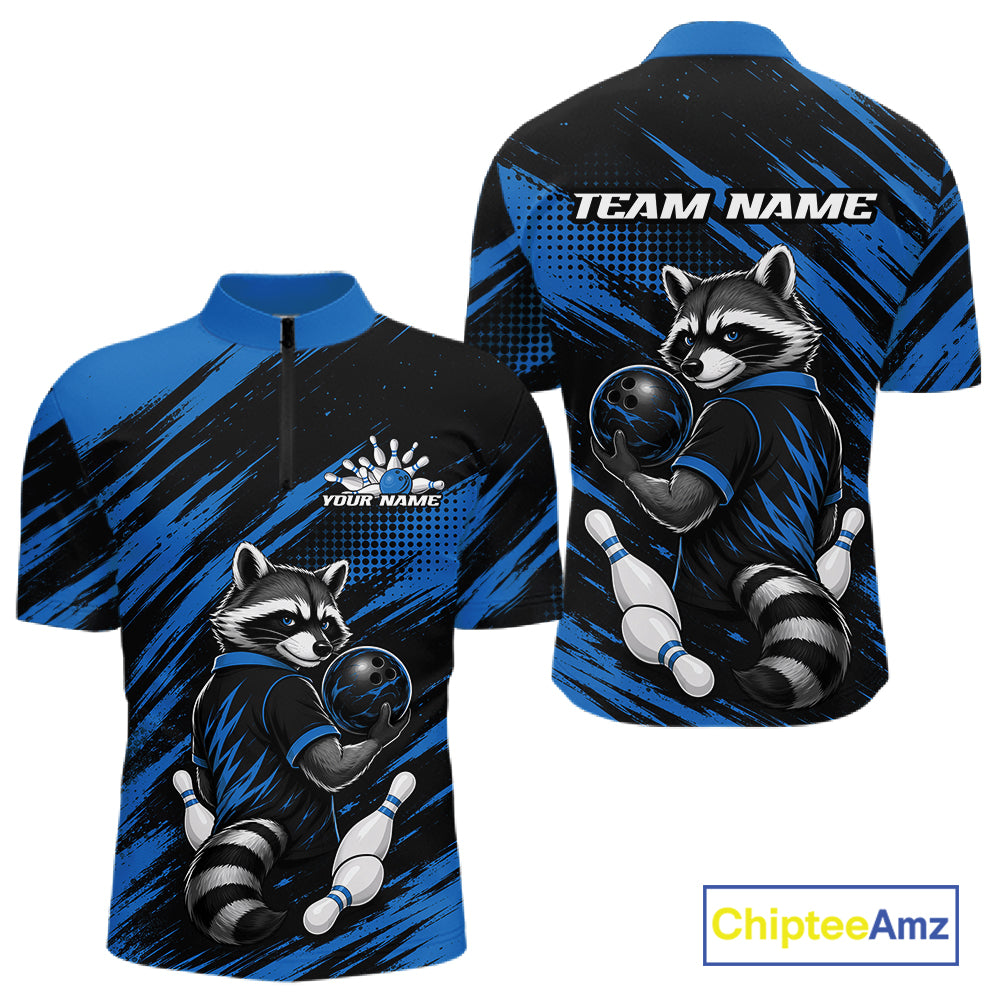 Custom short-sleeve quarter-zip athletic shirt shown from the front and back, featuring a raccoon mascot wearing bowling attire on a black and blue abstract background. 