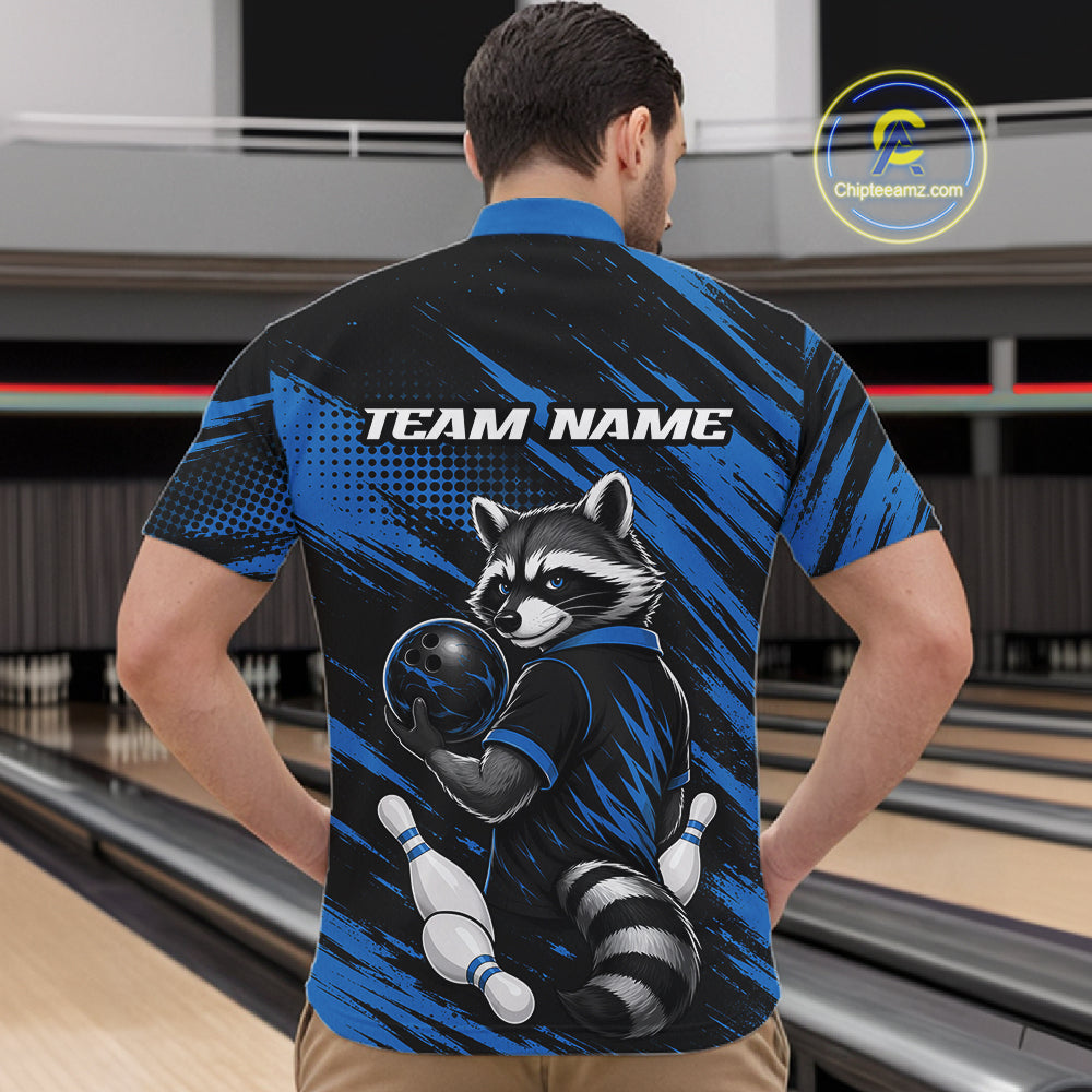 A man viewed from behind wearing a custom bowling-themed short-sleeve quarter zip shirt with a raccoon graphic and 'TEAM NAME' placeholder text, set against a bowling alley background.