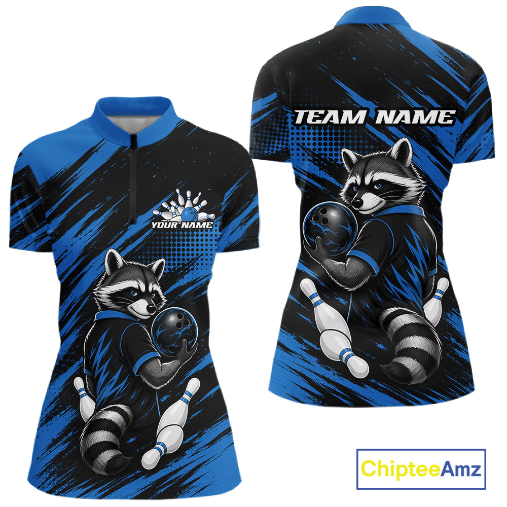 Custom short-sleeve bowling quarter zip shirt shown from the front and back, featuring a raccoon bowling graphic on a black and blue brush-stroke background, with 'TEAM NAME' and 'YOUR NAME' placeholder text.