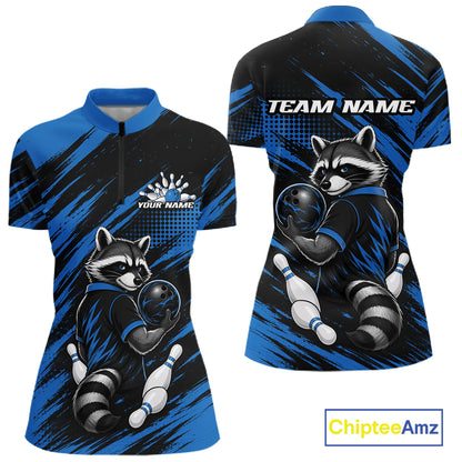 Custom short-sleeve bowling quarter zip shirt shown from the front and back, featuring a raccoon bowling graphic on a black and blue brush-stroke background, with 'TEAM NAME' and 'YOUR NAME' placeholder text.