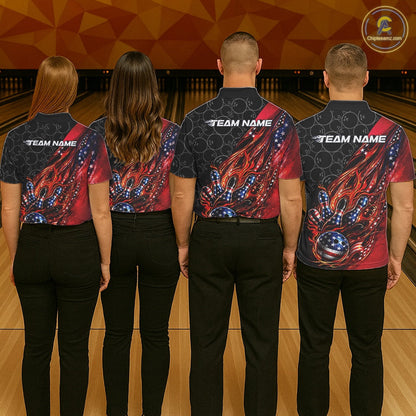 Custom Patriotic Flame Bowling Shirts, American US Flag Bowling Team Jerseys Freedom 4Th Of July Bowling Shirt IPHW10427