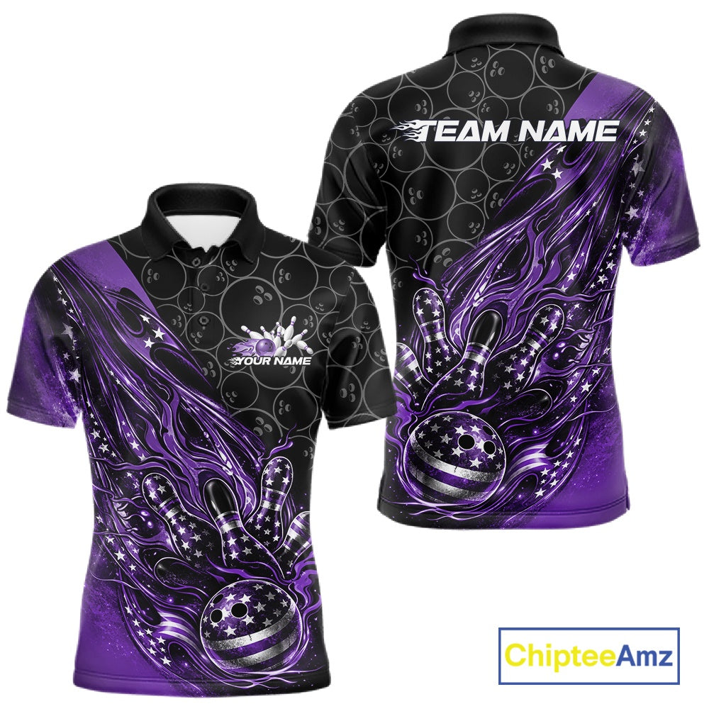 Custom Patriotic Purple Flame Bowling Shirts, US Flag Bowling Team Jerseys Freedom 4Th Of July Bowling Shirt IPHW10430