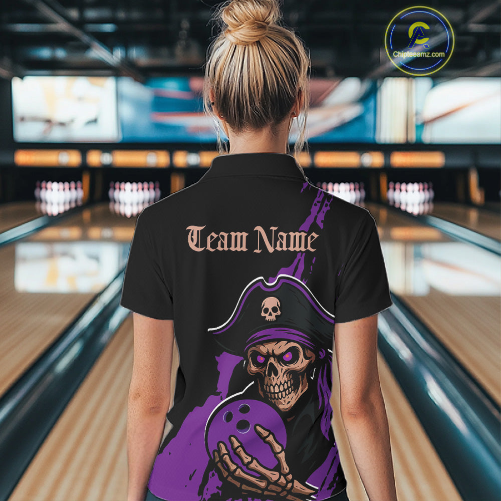 Custom Black And Purple Pirate Bowling Women Polo Shirt, Pirate Bowling Team Jerseys IPHW10708