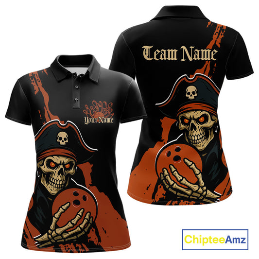 Custom Black And Orange Pirate Bowling Women Polo Shirt, Pirate Bowling Team Jerseys IPHW10709