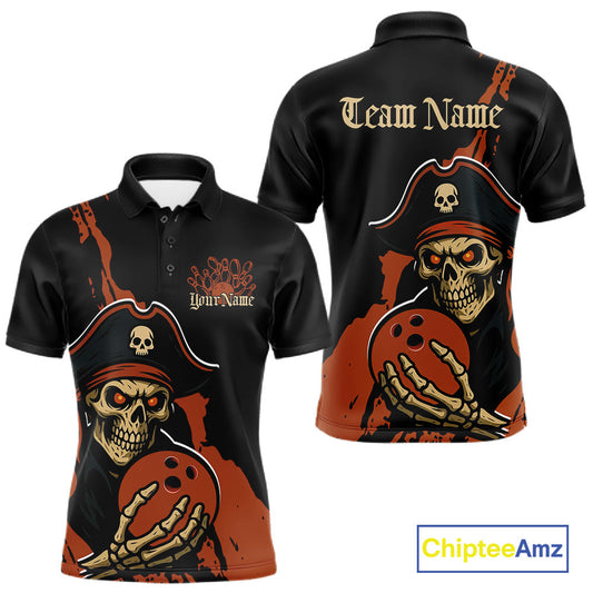 Custom Black And Orange Pirate Bowling Men Polo Shirt, Pirate Bowling Team Jerseys IPHW10709