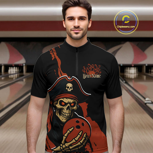 Custom Black And Orange Pirate Bowling Men Quarter-Zip Shirt, Pirate Bowling Team Jerseys IPHW10709