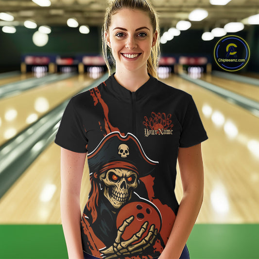Custom Black And Orange Pirate Bowling Women Shirt, Pirate Bowling Team Jerseys IPHW10709