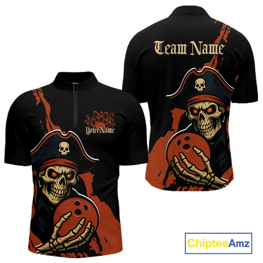 Custom Black And Orange Pirate Bowling Men Quarter-Zip Shirt, Pirate Bowling Team Jerseys IPHW10709