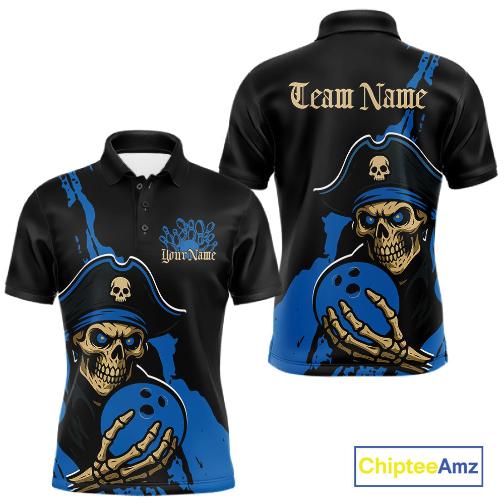 Custom Black And Blue Pirate Bowling Men Polo Shirt, Pirate Bowling Team Jerseys IPHW10710