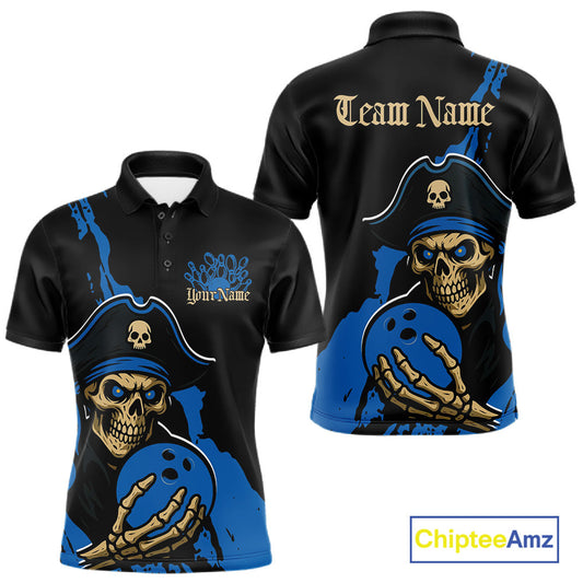 Custom Black And Blue Pirate Bowling Men Polo Shirt, Pirate Bowling Team Jerseys IPHW10710
