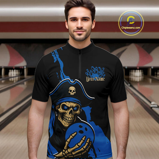 Custom Black And Blue Pirate Bowling Men Quarter-Zip Shirt, Pirate Bowling Team Jerseys IPHW10710
