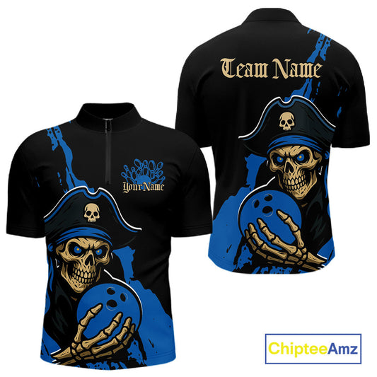 Custom Black And Blue Pirate Bowling Men Quarter-Zip Shirt, Pirate Bowling Team Jerseys IPHW10710