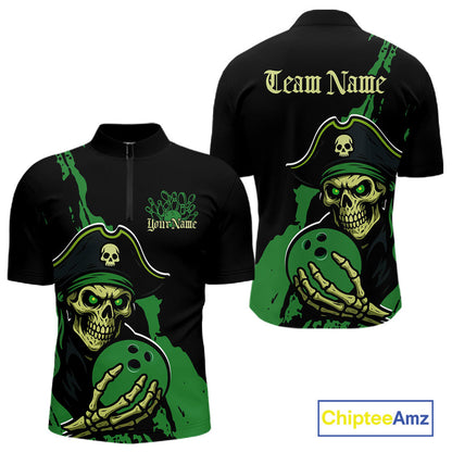 Custom Black And Green Pirate Bowling Men Quarter-Zip Shirt, Pirate Bowling Team Jerseys IPHW10711
