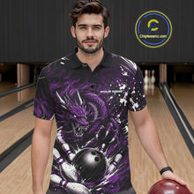 Load image into Gallery viewer, Man wearing a purple dragon-themed bowling shirt on a bowling alley.