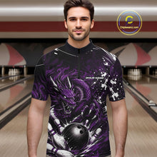 Load image into Gallery viewer, Man wearing a black and purple bowling shirt with a dragon design in a bowling alley.