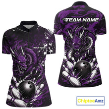 Load image into Gallery viewer, Purple and black bowling shirt with dragon design and 'Team Name' text on a white background.