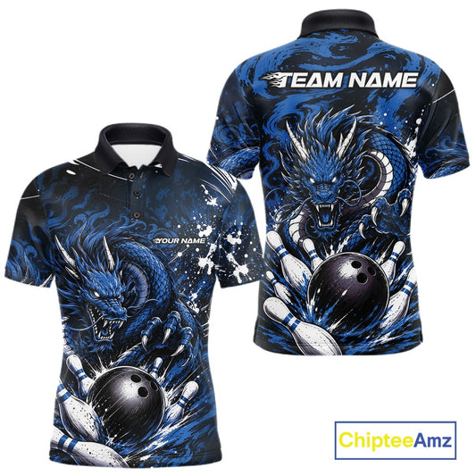 Blue and black dragon-themed polo shirt with customizable text on a white background