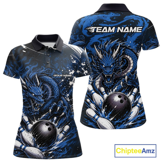 Blue dragon-themed polo shirt with customizable text on a white background