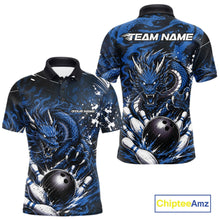Load image into Gallery viewer, Blue and black dragon-themed polo shirt with customizable text on a white background